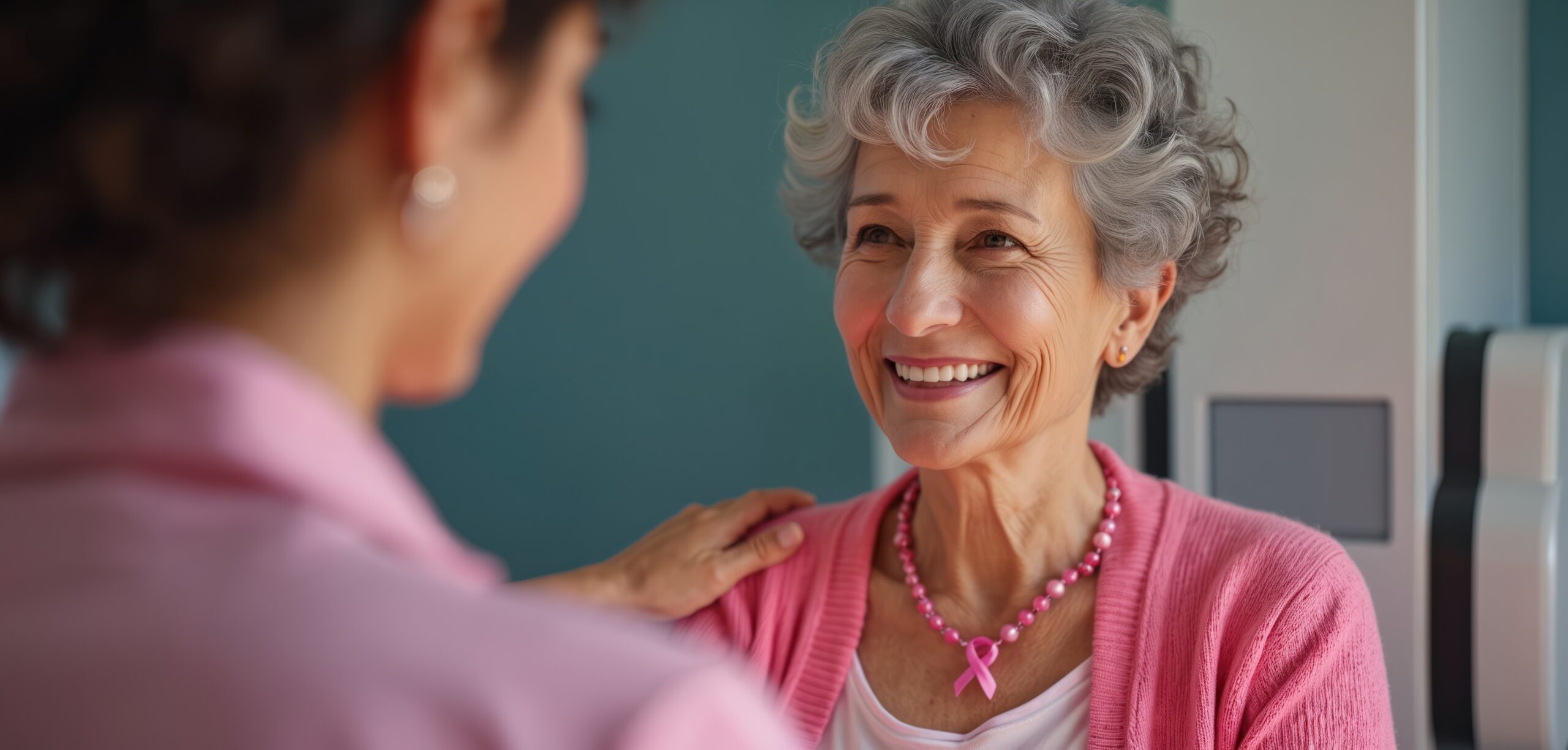 Doctor comforts smiling older woman during mammogram exam. Female patient gets breast cancer screening. Caregiver provides reassurance. Medical team offers support.